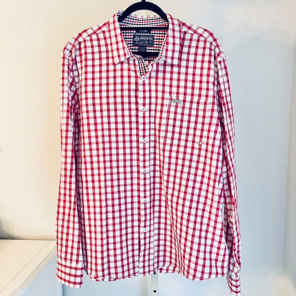 American Rag White & Red Plaid Cotton Button Front Shirt, XXL